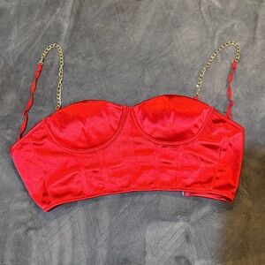 Red Satin Crop Top with Gold Chain Straps